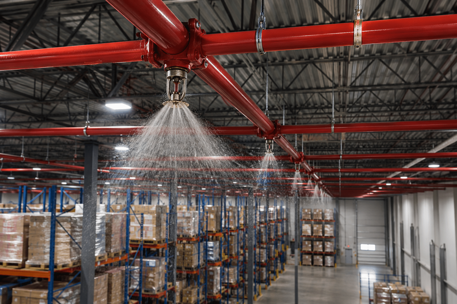 Warehouse fire sprinkler system over storage